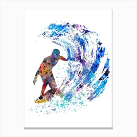 Surfer On A Wave Watercolor Canvas Print