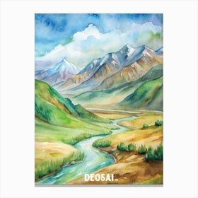 Deosai National Park Watercolor Painting Canvas Print