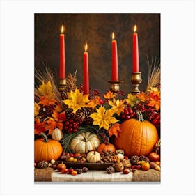 Autumn Harvest Table Centerpiece Overflowing With Gourds And Pumpkins Surrounded By Red And Gold C (2) Canvas Print