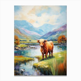 Impressionism Style Painting Of A Highland Cattle In The River 2 Canvas Print