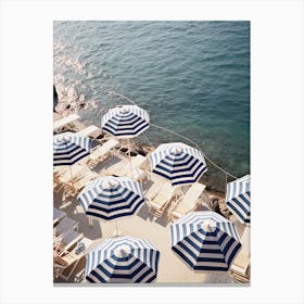 Blue And White Beach Umbrellas View Summer Vintage Photography Canvas Print