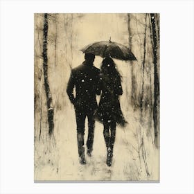 Couple Walking In The Snow, Romantic Monochrome Charcoal style Canvas Print