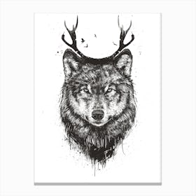 Deer Wolf Blackandwhite Canvas Print