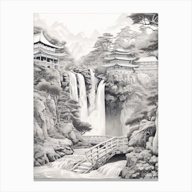 Nachi Falls In Wakayama, Ukiyo E Black And White Line Art Drawing 4 Canvas Print