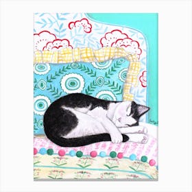 Sleeping Black White Cat Canvas Print