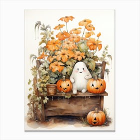 Cute Bedsheet Ghost, Botanical Halloween Watercolour 32 Canvas Print