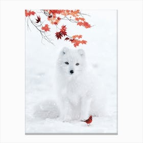 White Fox And Red Cardinal Canvas Print
