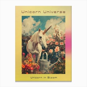 Unicorn In A Garden With A Watering Can Retro Collage Poster Canvas Print