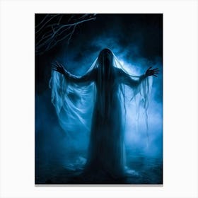 Ghostly Figure Mid Scream Behind A Semi Transparent Veil Ethereal Hands Reaching Out From The Mis Canvas Print