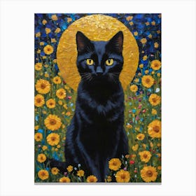 Klimt Style Black Cat in Garden Wild Flowers Painting - Gustav Klimt Gold Leaf Monet Waterlillies Abstract Textured Floral HD Canvas Print