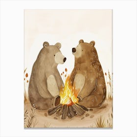 Two Sloth Bears Sitting Together By A Campfire Storybook Illustration 3 Canvas Print