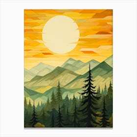 Green Sun Forest Mountain Painting Triptych 2 Canvas Print