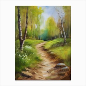 Path In The Woods.Canada's forests. Dirt path. Spring flowers. Forest trees. Artwork. Oil on canvas.5 Canvas Print