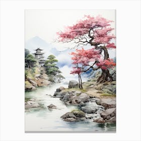 Ritsurin Garden In Kagawa, Japanese Brush Painting, Ukiyo E, Minimal 1 Canvas Print