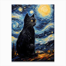 Starry Night with Black Cat, Vincent Van Gogh Inspired Canvas Print