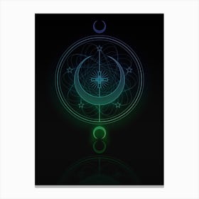 Neon Blue and Green Abstract Geometric Glyph on Black n.0482 Canvas Print