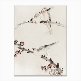 Three Birds Perched On Branches, One With Blossoms, Katsushika Hokusai Canvas Print