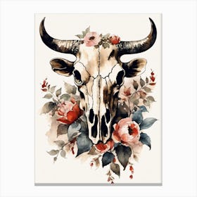 Vintage Boho Bull Skull Flowers Painting (33) Canvas Print