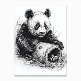 Giant Panda Cub Playing With A Beehive Ink Illustration 3 Canvas Print