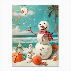 Retro Kitsch Snowmen On The Beach 1 Canvas Print