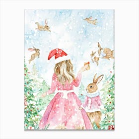 Watercolor Illustration Of Holiday Loving Bunnies Donning Their Festive Pink Dresses Each Adorned W Canvas Print