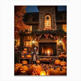 Autumn Decor Layout Integrates Thanksgiving And Halloween Themes Spooky Pumpkins Nestled Between C (1) Canvas Print