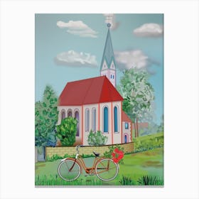 Landscape With A Church And A Bicycle With Red Flowers In The Town Of Steingarten In Bayran In Germany Canvas Print