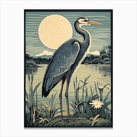 Vintage Bird Linocut Great Blue Heron 1 Canvas Print