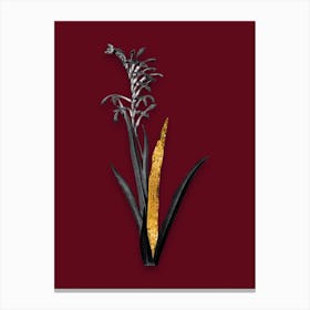 Vintage Antholyza Aethiopica Black and White Gold Leaf Floral Art on Burgundy Red n.0083 Canvas Print