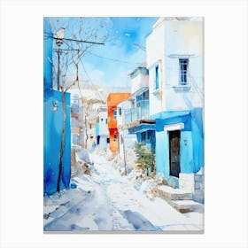 Blue Houses In Winter Canvas Print