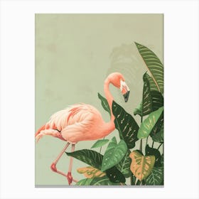 Lesser Flamingo And Philodendrons Minimalist Illustration 4 Canvas Print