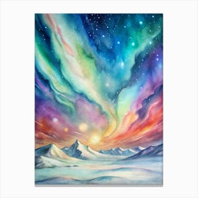 A Poster Of A Colorful Aurora Dancing Over A Snowy (1) Canvas Print