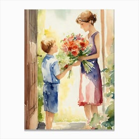 Mother And Son Giving Flowers Canvas Print