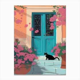 Black Cat Mediterranean Door And Pink Flowers Canvas Print
