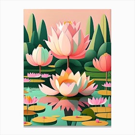 Lotus Flowers In Park Scandi Cartoon 4 Canvas Print