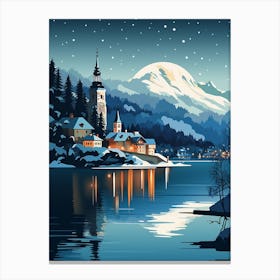 Winter Travel Night Illustration Lake Bled Slovenia Canvas Print