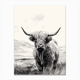 Black & White Illustration Of Highland Cow In Field Canvas Print