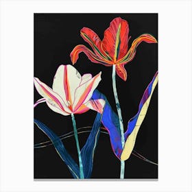 Neon Flowers On Black Tulip 4 Canvas Print