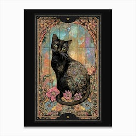 Alphonse Mucha-inspired black cat and ornate florals with gold accents in a dark cottagecore aesthetic with stained glass effect, Gothic Art Nouveau style witchy artwork perfect for libraries, vintage-themed rooms, moody interior 2 Canvas Print