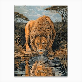 African Lion Relief Illustration Drinking 2 Canvas Print