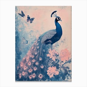 Pink & Blue Peacock Cyanotype Inspired With Butterflies 1 Canvas Print