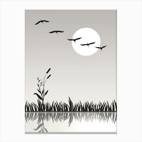 Swamp Pond Grass Reflection Drawing Nature Silhouette Graphic Art Stylized Monochrome Birds Herons Fly Sun Summer Landscape Canvas Print