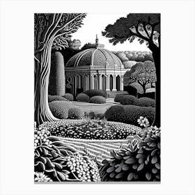 Blenheim Palace Gardens, United Kingdom Linocut Black And White Vintage Canvas Print