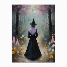 Purple Haired Witch in the Forest Speaking to the Full Moon- Art by Sarah Valentine Canvas Print