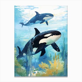 Orca Whale And Calf, Blue Aqua Canvas Print