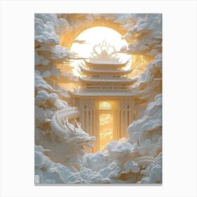 Artist Xindezhong Explores The Dragon Of Chinese Palace In A White And Gold Piece,A Golden Dragon Emerges From The Clouds,In The Style Of Intricate Psychedelic Landscapes, Luminous 3d Objects, Ethereal Cloudsc Stampe su tela