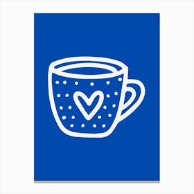 Coffee Cup With Heart Blue Canvas Print