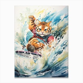 Tiger Illustration Surfing Watercolour 2 Canvas Print
