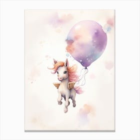 Baby Unicorn Flying With Ballons, Watercolour Nursery Art 2 Canvas Print
