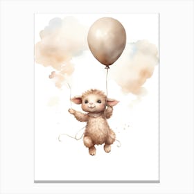 Baby Sheep Flying With Ballons, Watercolour Nursery Art 2 Canvas Print